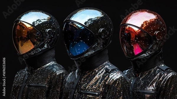 Obraz Three futuristic astronaut helmets in gold, blue, and copper