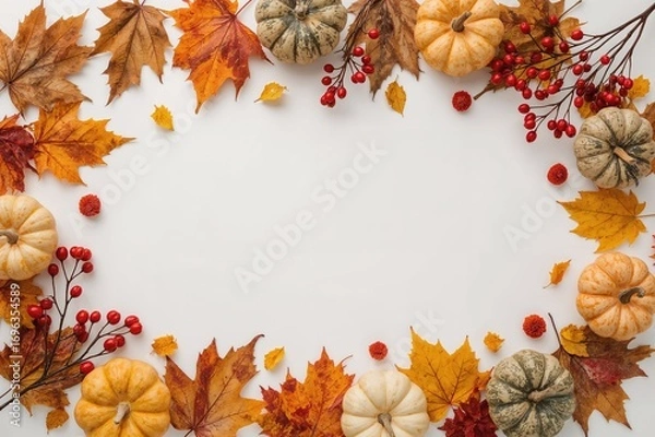 Fototapeta Fall arrangement with dried foliage, pumpkins, blossoms, and berries on a white surface. Overhead perspective, flat lay, empty space.