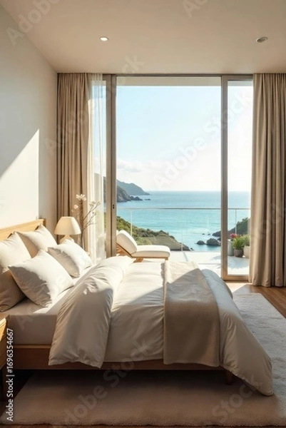 Fototapeta Sun-drenched minimalist bedroom with plush bedding, overlooking a tranquil ocean vista Exquisite textures and calming colors create a haven of peaceful luxury , house, ocean