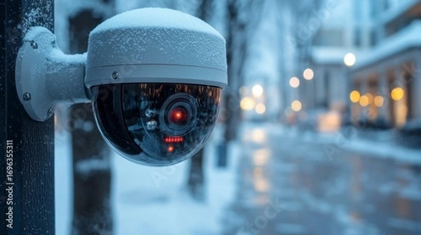 Obraz Snow-covered security camera on a snowy street