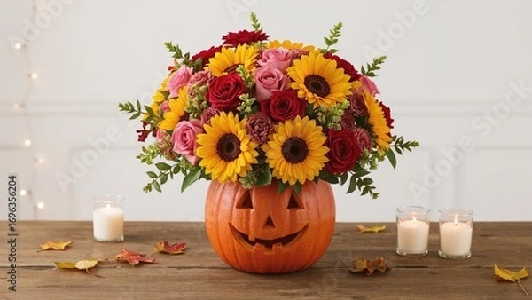 Fototapeta Handcrafted pumpkin vase filled with vibrant autumn flowers. Warm and inviting fall home decoration on a white backdrop.