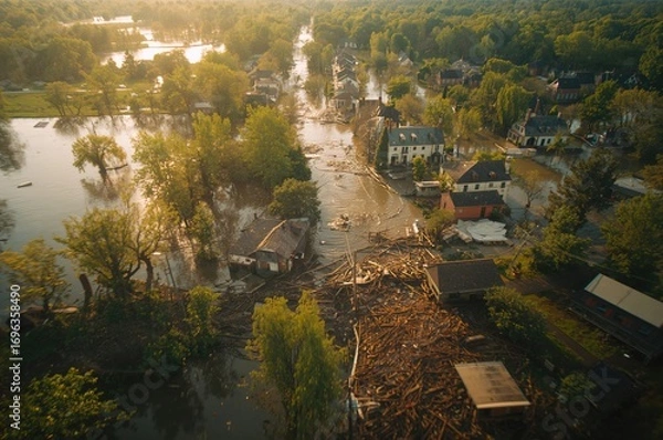 Fototapeta Severe Floodwaters Submerge Old Settlement, Creek Breaches Banks Causing Property Destruction Captured by Drone