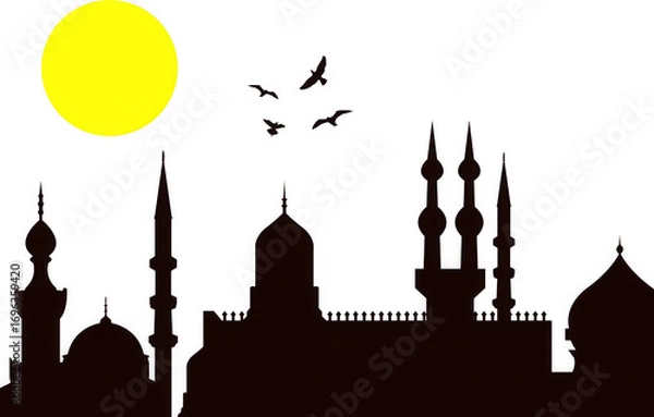 Fototapeta Silhouette of a mosque with minarets and domes against a bright yellow sun and a few birds flying in the sky, isolated on transparent background