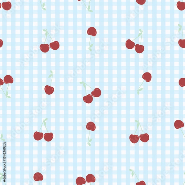 Fototapeta Cherries with plaid pattern seamless fabric design pattern