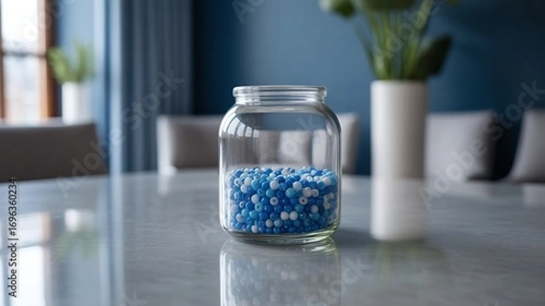 Obraz Glass jar filled with vibrant blue and white beads rests on a reflective table surface