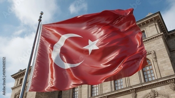 Obraz Majestic Turkish flag waves proudly against a historic building and sky, symbolizing national pride.
