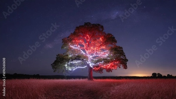 Obraz Stunning illuminated tree glows vibrantly under a starry night sky over a golden field