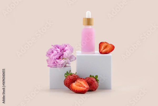 Fototapeta A dropper bottle on a white podium, a rose flower and strawberries on a beige background. Presentation of skin care products.