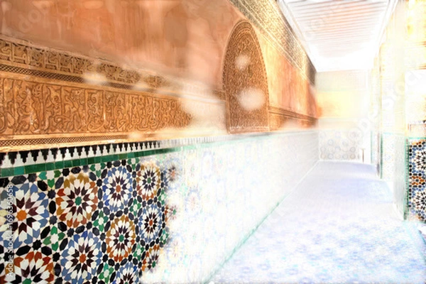 Fototapeta Intricate islamic geometric tile patterns and arabic calligraphy adorn the walls of a sunlit corridor, showcasing traditional moroccan architecture and design isolated on transparent background