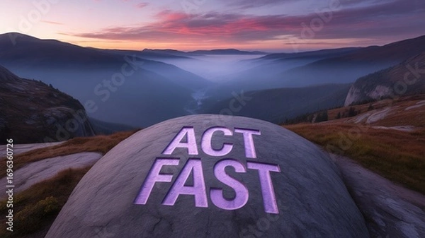 Obraz Urgent call to action carved into rock inspires swift decisions amidst breathtaking mountain vista