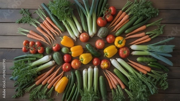 Obraz Vibrant assortment of fresh, raw vegetables artfully arranged on a rustic wooden surface for healthy eating inspiration.