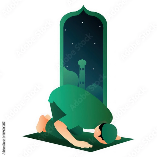 Fototapeta A muslim man praying on a prayer mat in front of a mosque silhouette at night, with stars visible in the sky, isolated on transparent background