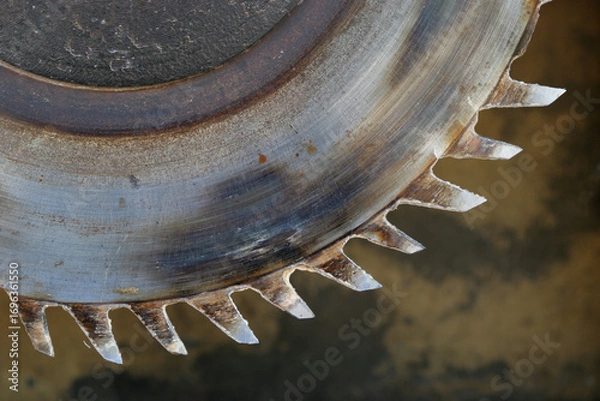 Fototapeta Rusty circular  saw blade teeth close up view.