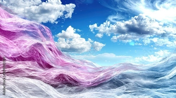 Fototapeta   A digital painting of a pink wave on a blue sky with white clouds and a blue sky with white clouds