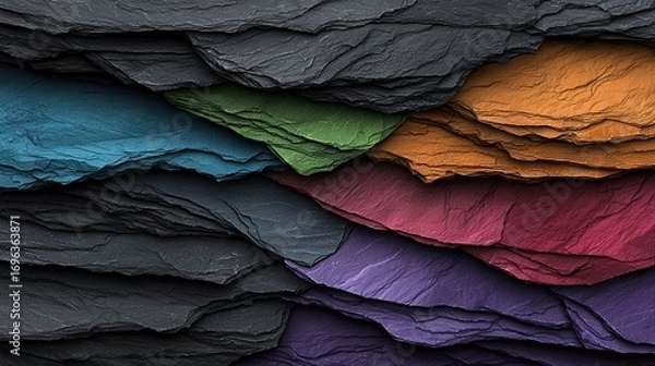 Fototapeta   A zoom-in of a multi-colored stone facade featuring varying hues of rock atop each individual stone