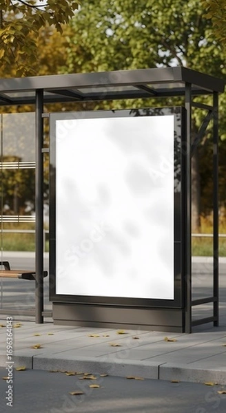 Fototapeta Blank urban advertising billboard mockup at a modern bus stop shelter, perfect for displaying your marketing message or public announcements concept