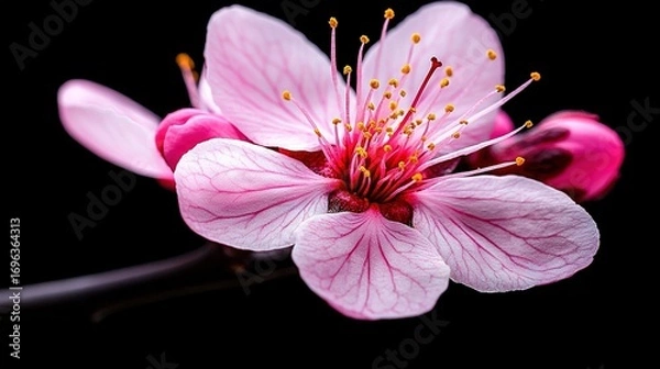 Fototapeta   A close-up of a pink flower with yellow stamens