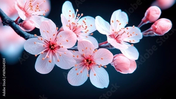 Fototapeta   A close-up shot of a tree's branch with pink blossoms and a blue sky in the backdrop