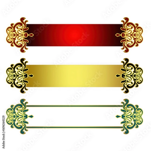 Fototapeta Set of three decorative ornamental banners with golden filigree accents in red, gold, and green isolated on transparent background