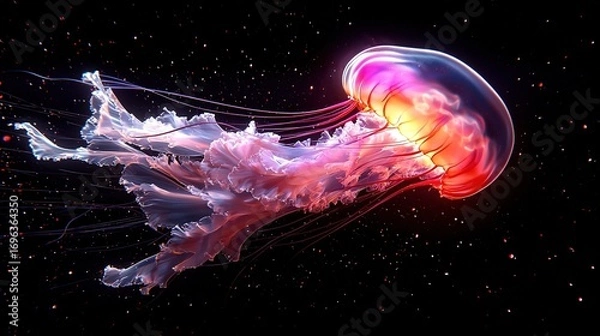 Fototapeta   A vibrant jellyfish hovering against a dark canvas with a celestial sky behind it