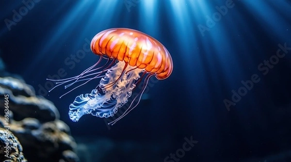 Fototapeta   Close-up of a jellyfish in an aquarium, illuminated from above