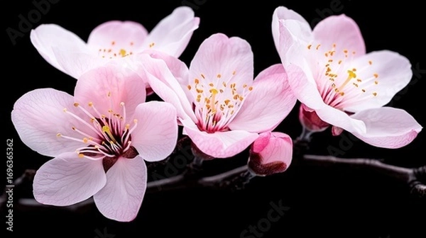 Fototapeta   A cluster of pink blossoms perched atop a tree limb against a dark canvas backdrop, displaying vibrant yellow anthers