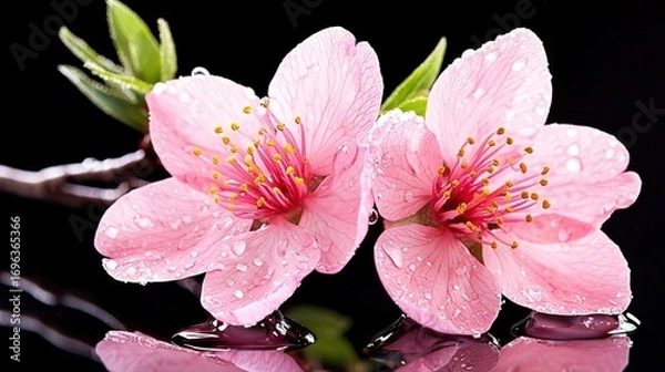 Fototapeta   Pink flowers on water in front of black background with green leaves