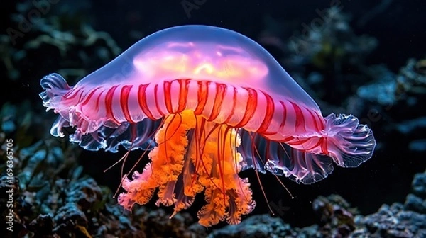 Fototapeta   A macro shot of a jellyfish in an aquarium surrounded by vibrant coral and black background water