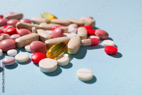 Fototapeta Concept of health and medicine, healthcare and pharmacology. Different multi-colored tablets, vitamins, pills on blue background close-up. Dietary supplements and homeopathy background
