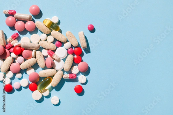 Fototapeta Concept of health and medicine, healthcare and pharmacology. Different multi-colored tablets, vitamins, pills on blue background close-up. Dietary supplements and homeopathy background