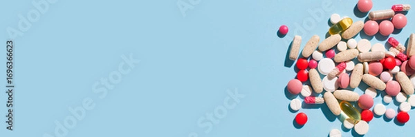 Fototapeta Concept of health and medicine, healthcare and pharmacology. Different multi-colored tablets, vitamins, pills on blue background close-up. Dietary supplements and homeopathy background