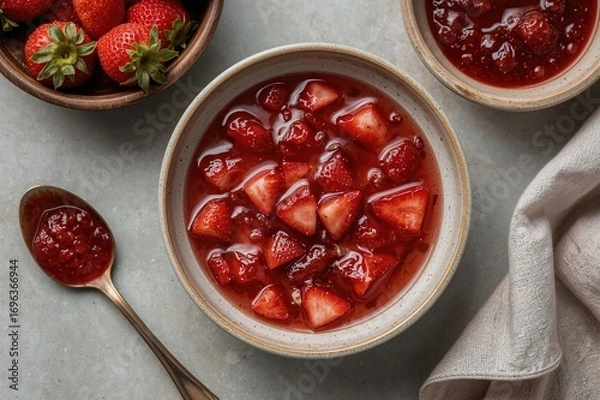 Fototapeta Top view of a bowl filled with homemade strawberry jelly jam dessert