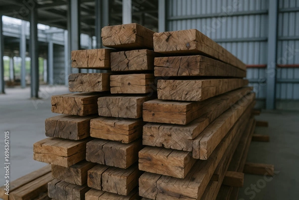 Fototapeta Stack of wooden beams in sustainable industrial area with natural light highlighting texture of wood in spacious sia warehouse