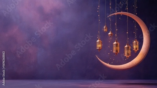 Fototapeta Decorative lanterns and crescent moon create a serene atmosphere in a purple-themed setting for a festive celebration