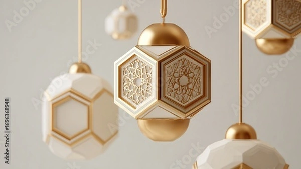 Fototapeta Elegant hanging light fixtures in modern design showcase intricate patterns and gold accents in a contemporary interior setting