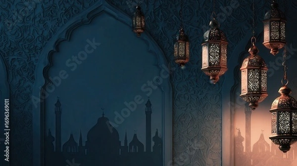 Fototapeta Intricate lanterns illuminate a serene mosque interior during twilight in an exotic location