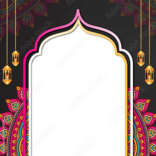 Fototapeta Ornate islamic archway with colorful mandala pattern, hanging lanterns, and white space for text isolated on transparent background