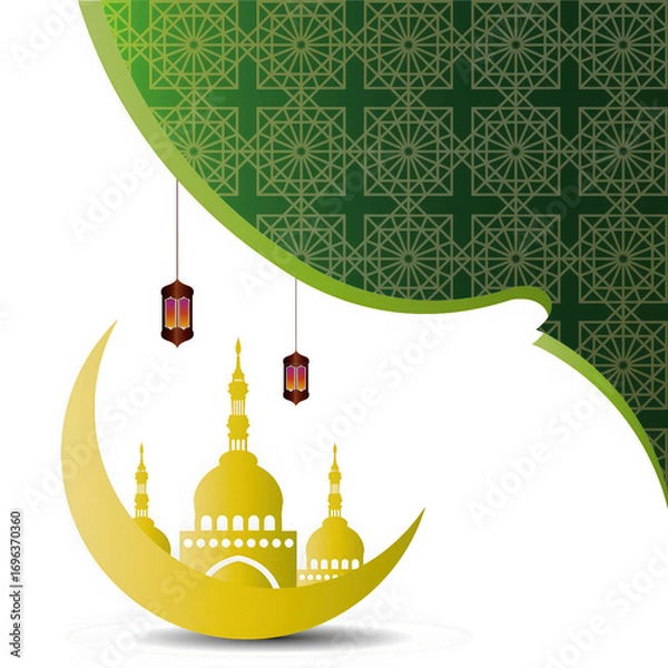 Fototapeta Golden crescent moon with islamic mosque silhouette, hanging lanterns, and green geometric pattern isolated on transparent background
