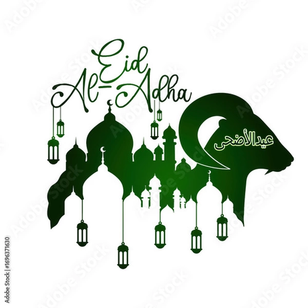 Fototapeta Eid aladha greeting with mosque silhouette and ram head, isolated on transparent background