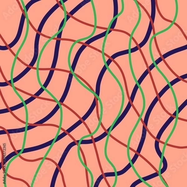 Obraz Colorful abstract wavy line pattern on pastel orange background, modern seamless design with green, red, and blue curved stripes, ideal for textile, wallpaper, and digital a