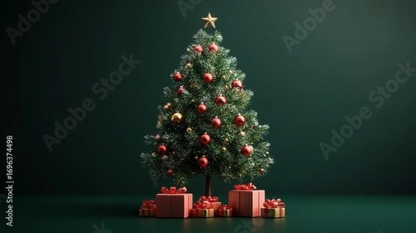 Fototapeta Christmas Tree Decorated With Golden Lights Ornaments in Cozy Living Room With Warm Festive Glow