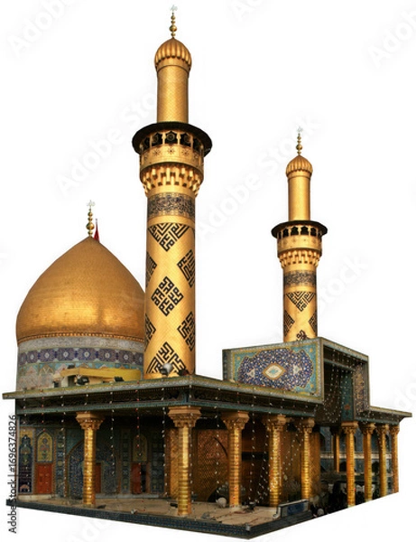Fototapeta Golden dome and minarets of a mosque, islamic architecture, religious building, isolated on transparent background