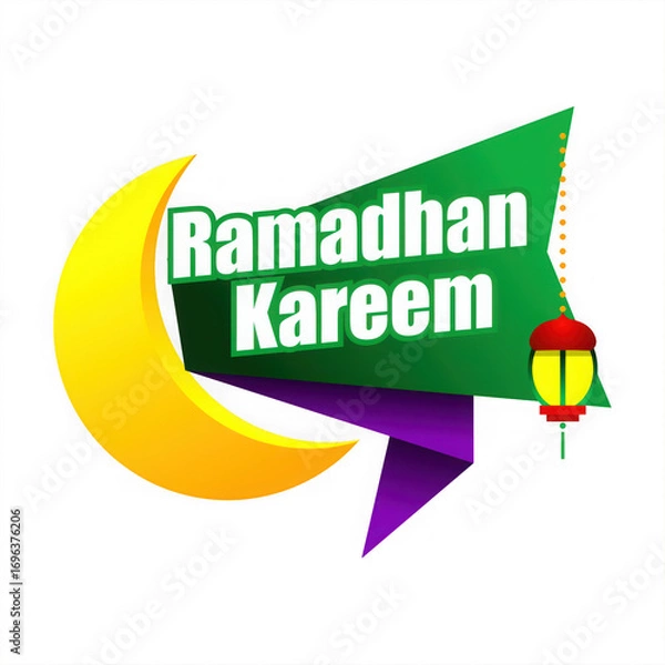 Fototapeta Ramadan kareem greeting with crescent moon and lantern, isolated on transparent background