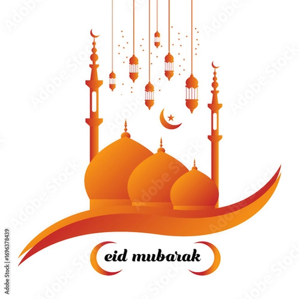 Fototapeta Orange gradient mosque with hanging lanterns and text eid mubarak isolated on transparent background