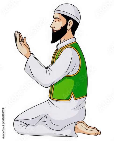 Fototapeta Illustration of a muslim man praying on his knees with hands raised isolated on transparent background