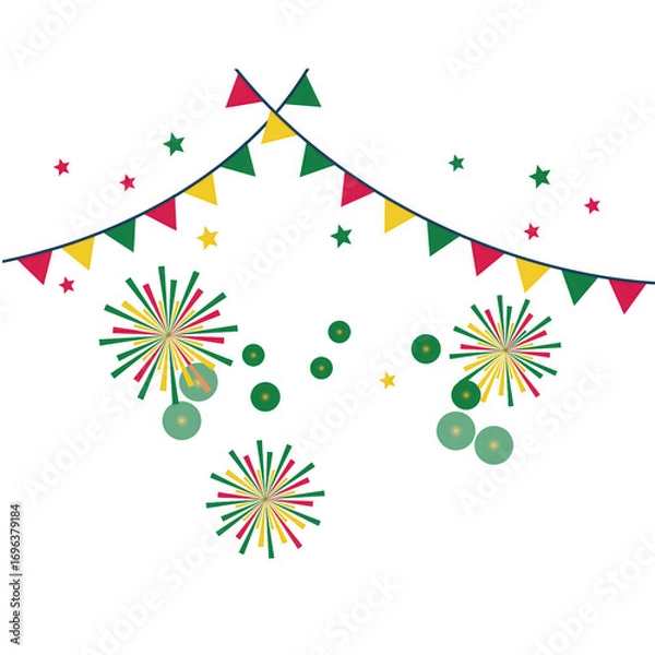 Fototapeta Colorful festive bunting flags and abstract starbursts and circles isolated on transparent background