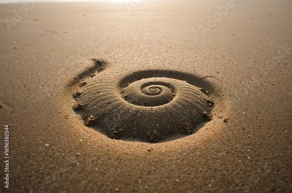 Fototapeta Seashell resting on sand with Fibonacci spiral pattern