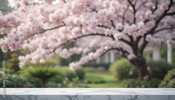 Fototapeta White Marble Table Top with Blurred Sakura Tree Background – Vintage Garden Scene Ideal for Product Display or Montage