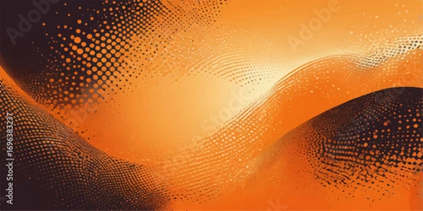 Fototapeta Vector illustration of an orange background with a bright yellow halftone pattern, a wave of decorative dots, and a curved line design