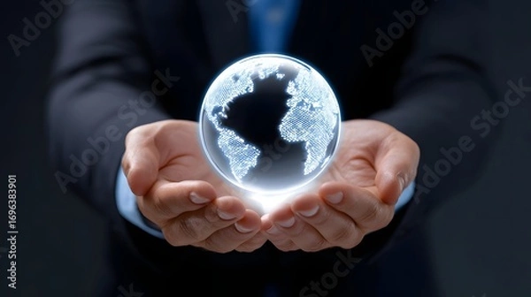 Fototapeta A business leader or executive holding a transparent, illuminated globe in their hands, symbolizing the responsibility and vision for global technological and environmental progress.